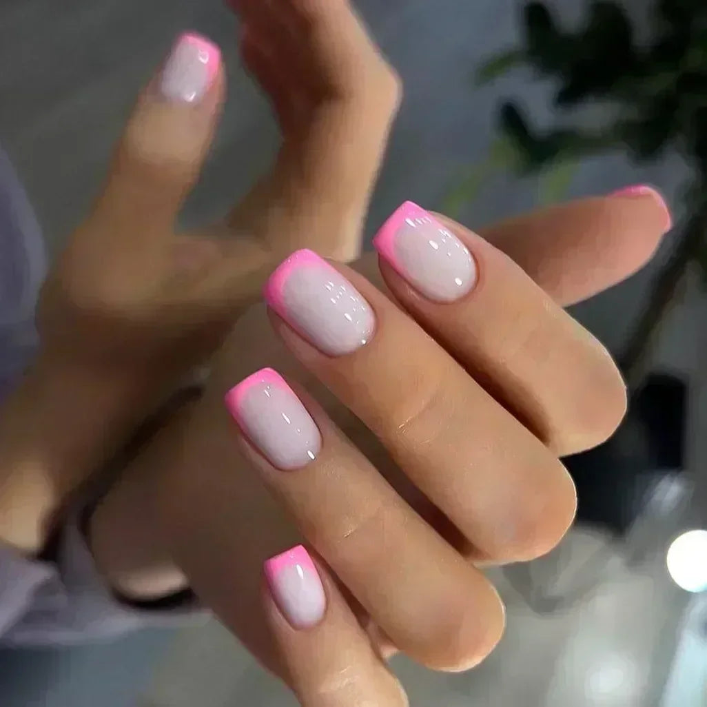 24pcs French Tip Press On Nails – Handmade Solid Color Medium Square False Nails with Glue