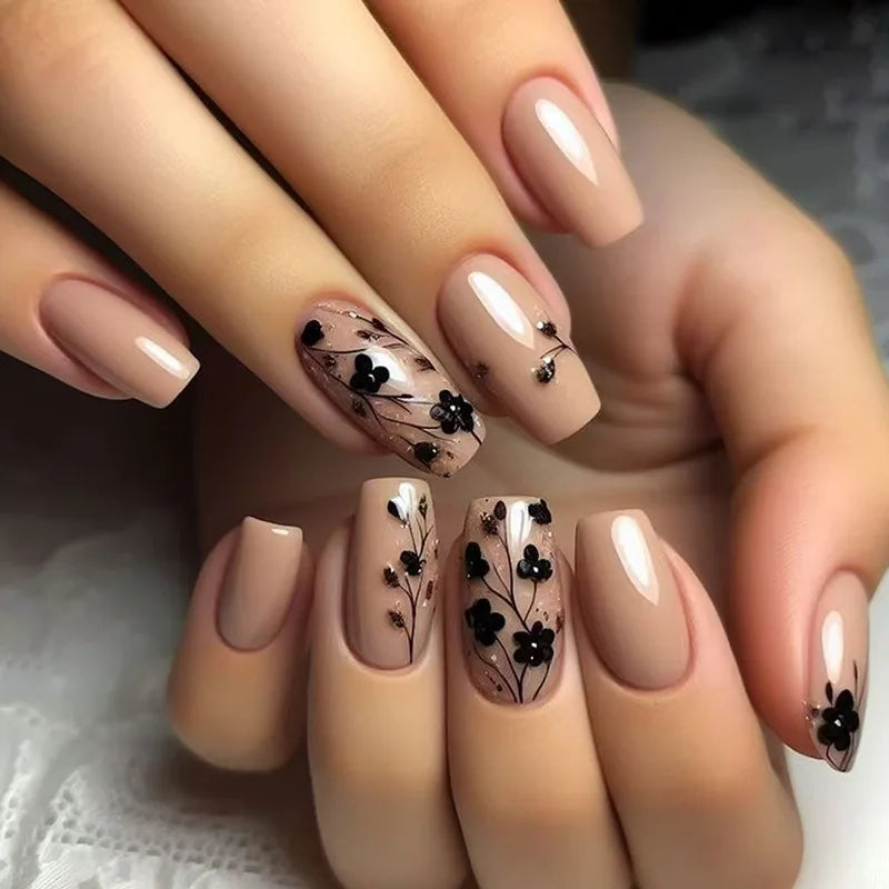 24pcs Long Ballet Press On Nails – Brown Flower Full Cover False Nails