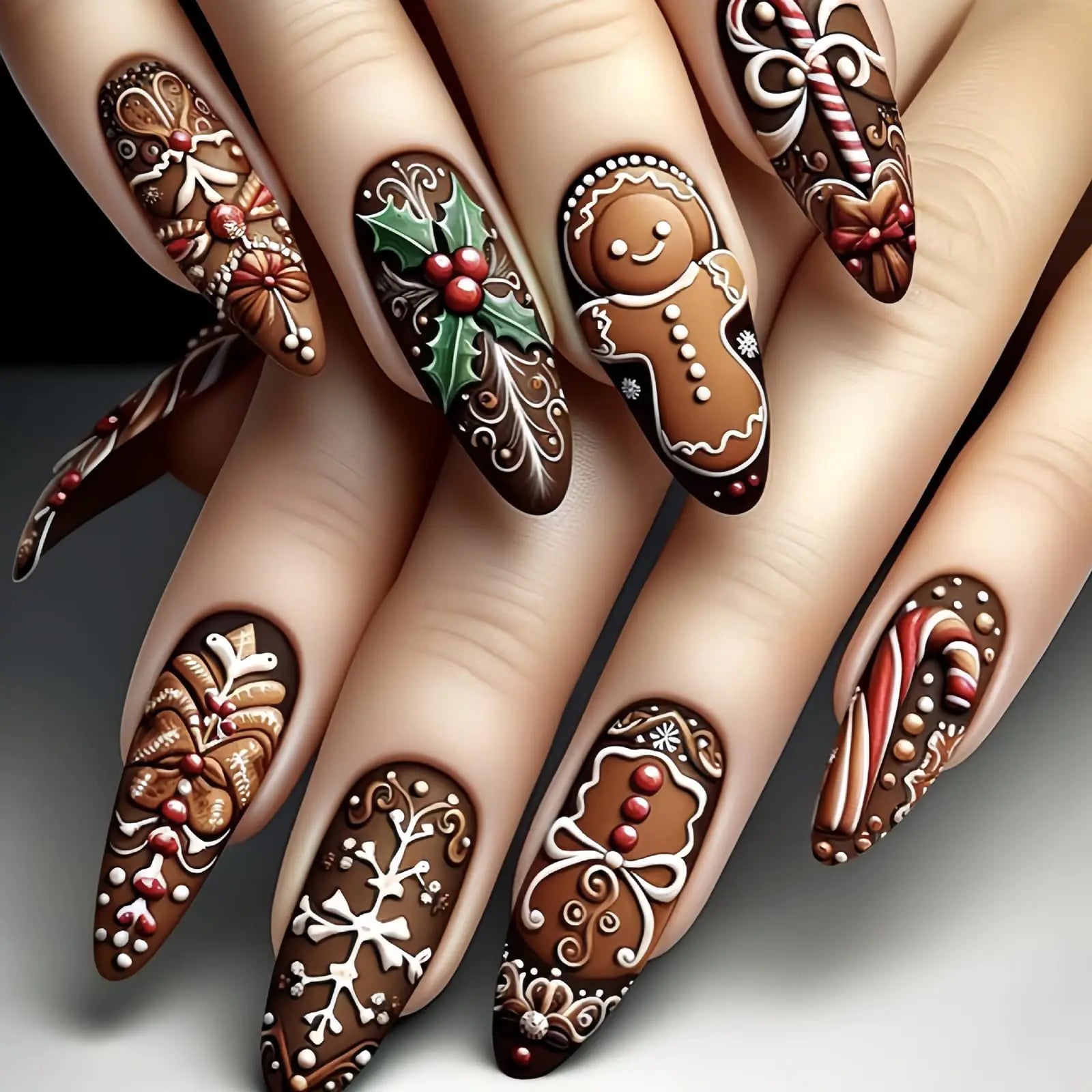 24pcs Christmas Press On Nails – Almond Shape with Tree, Snowman & Candy Design