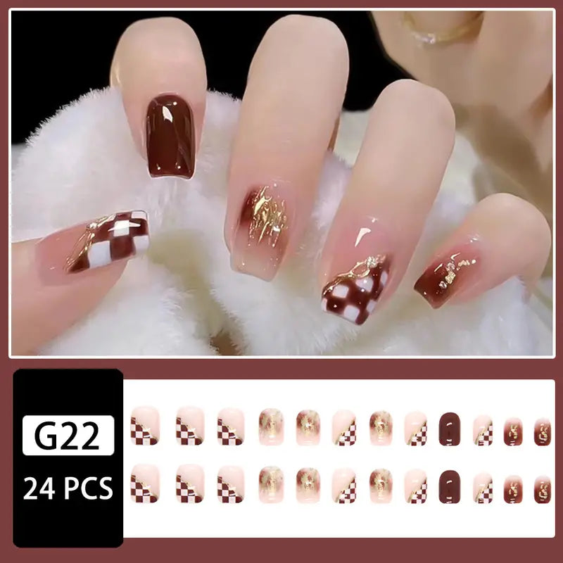Glossy Checkerboard Press On Nails – Acrylic False Nails for Women
