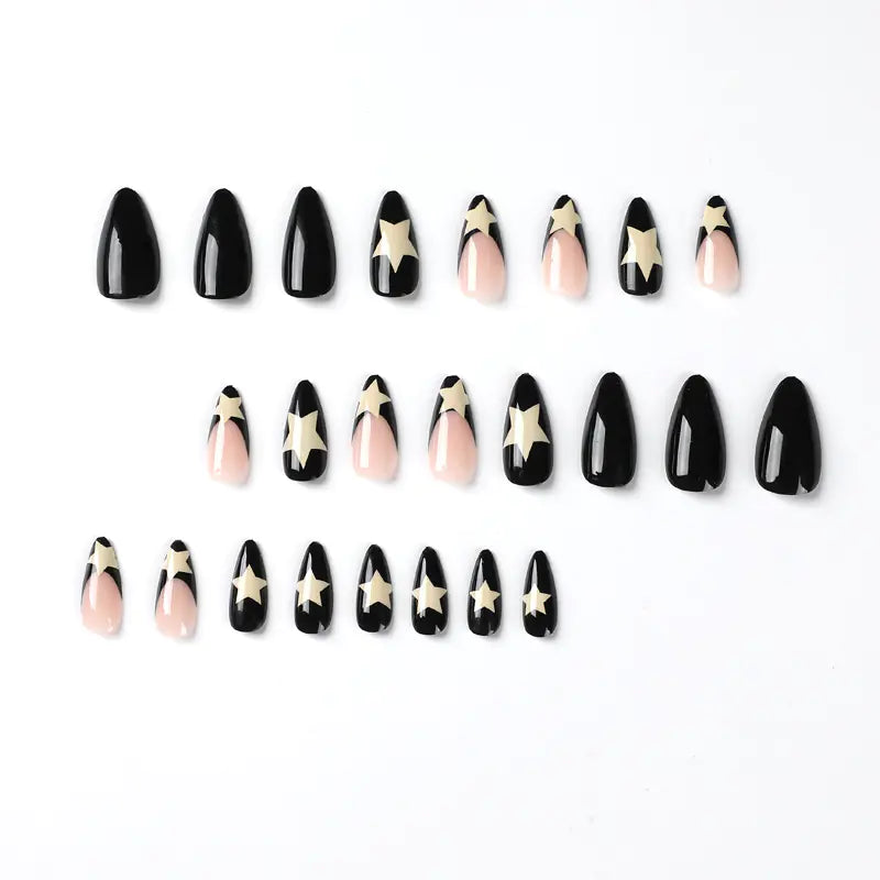 French Black Edge Press On Nails – White Star Design (Wholesale)