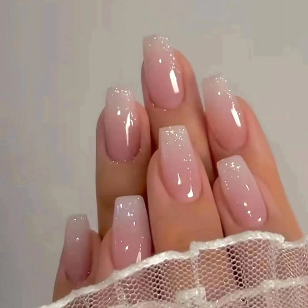 24pcs Long Coffin Press On Nails – French Tip Glossy Pink with Glue