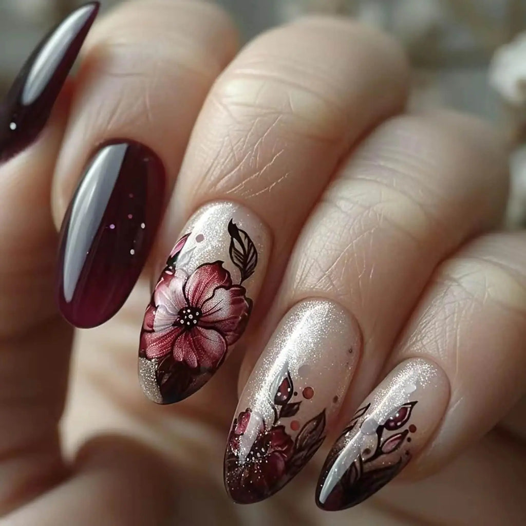 24pcs Almond Press On Nails – Glossy Flower Design Fake Nail Kit