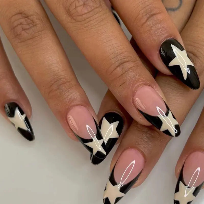 French Black Edge Press On Nails – White Star Design (Wholesale)