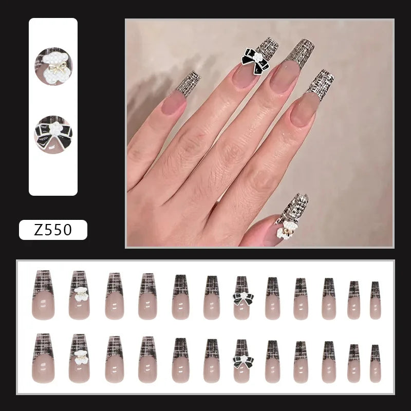 White Heart Pattern Acrylic Press On Nails – High Quality False Fingernails for Women