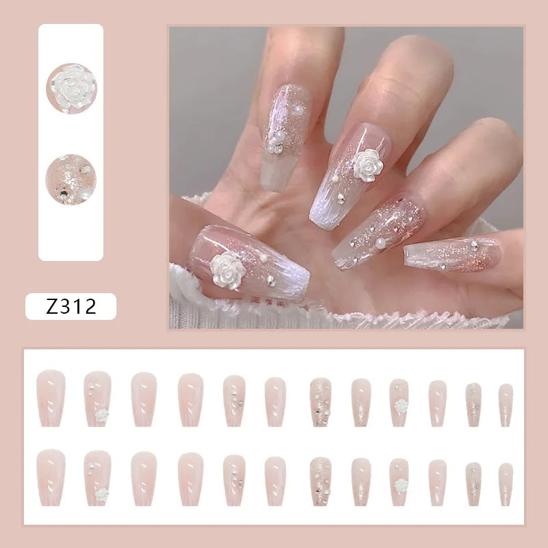 White Heart Pattern Acrylic Press On Nails – High Quality False Fingernails for Women