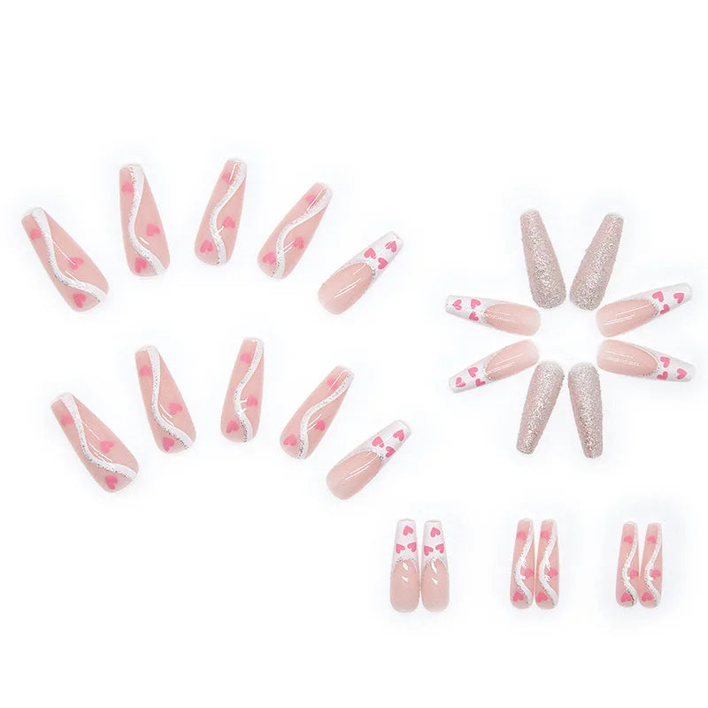 White Heart Pattern Acrylic Press On Nails – High Quality False Fingernails for Women