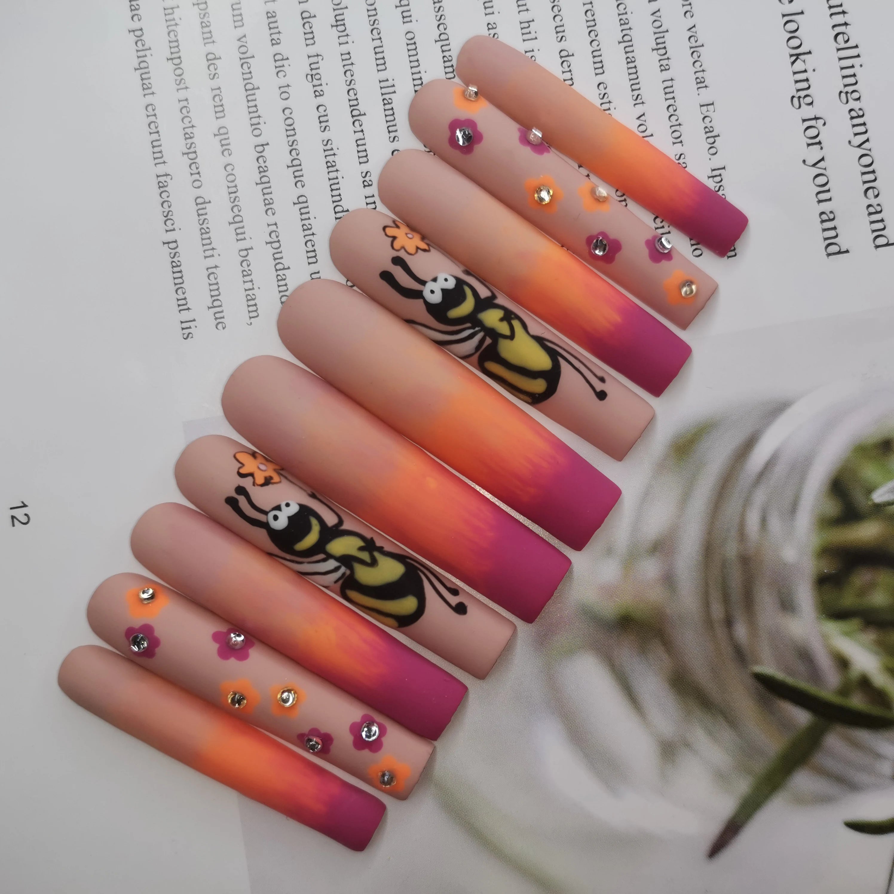 Thick Acrylic Press On Nails – Handmade 10 Pcs Hand-Painted False Nails