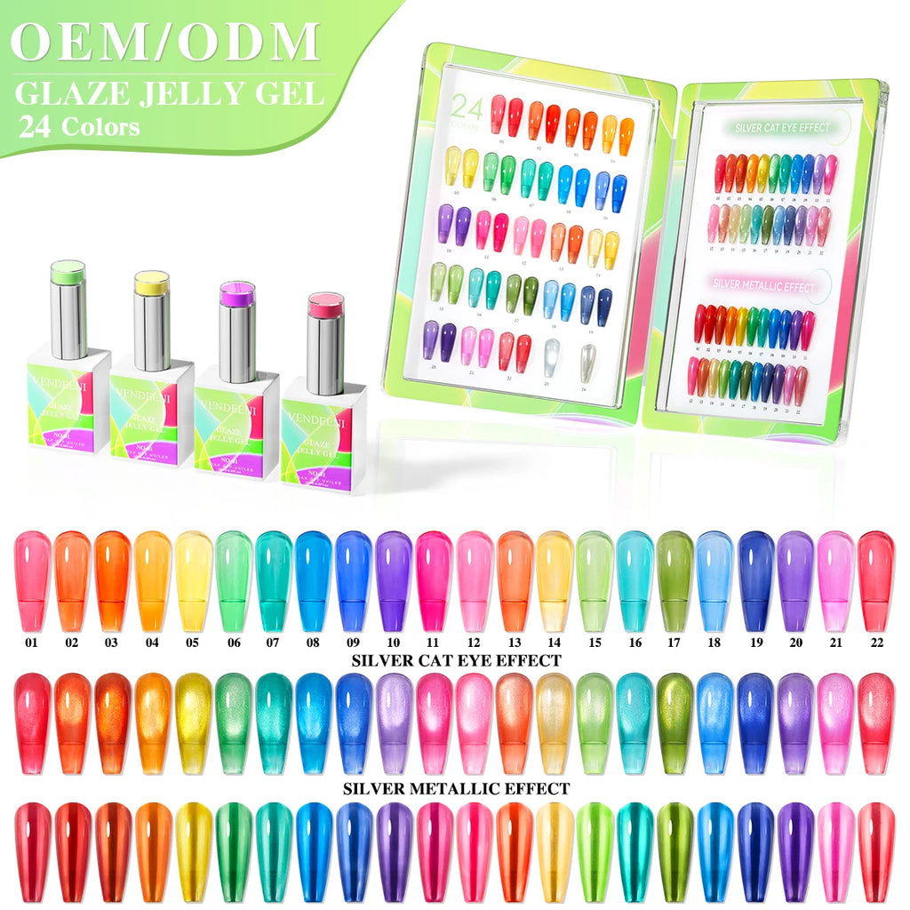 24 Colors Jelly Sheer UV Gel Nail Polish Set – High Pigment with Box