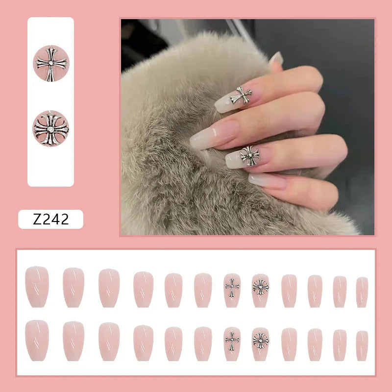 White Heart Pattern Acrylic Press On Nails – High Quality False Fingernails for Women