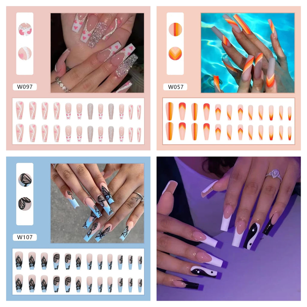 White Heart Pattern Acrylic Press On Nails – High Quality False Fingernails for Women