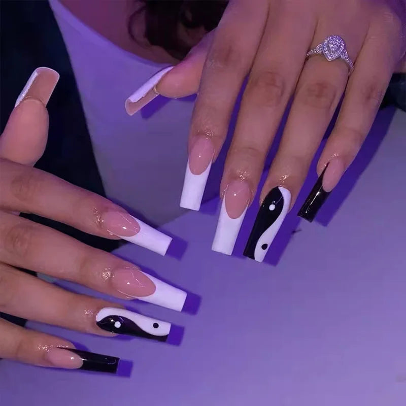 White Heart Pattern Acrylic Press On Nails – High Quality False Fingernails for Women