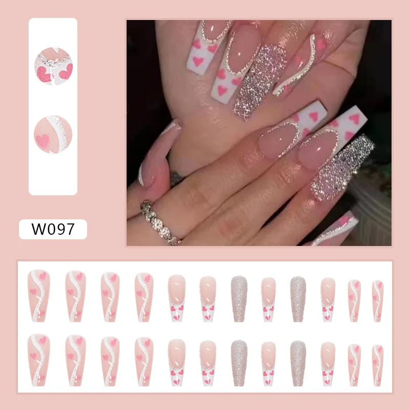 White Heart Pattern Acrylic Press On Nails – High Quality False Fingernails for Women