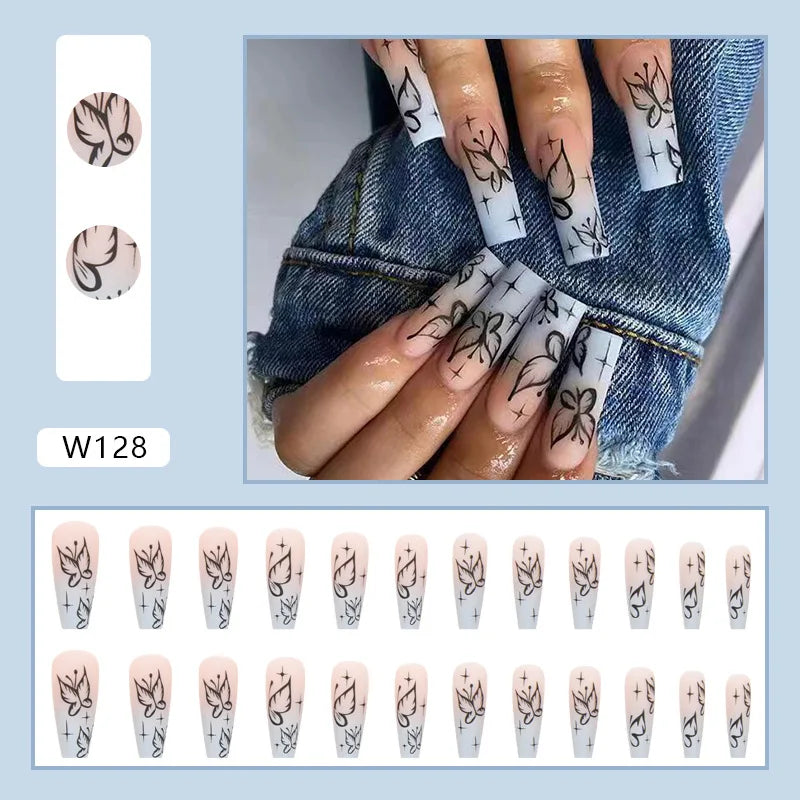 White Heart Pattern Acrylic Press On Nails – High Quality False Fingernails for Women