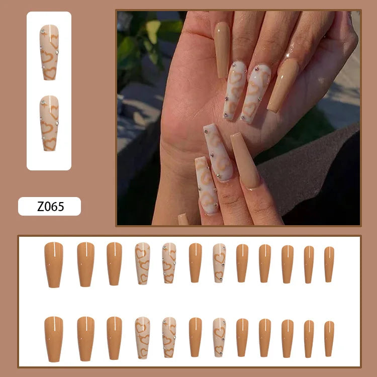 White Heart Pattern Acrylic Press On Nails – High Quality False Fingernails for Women