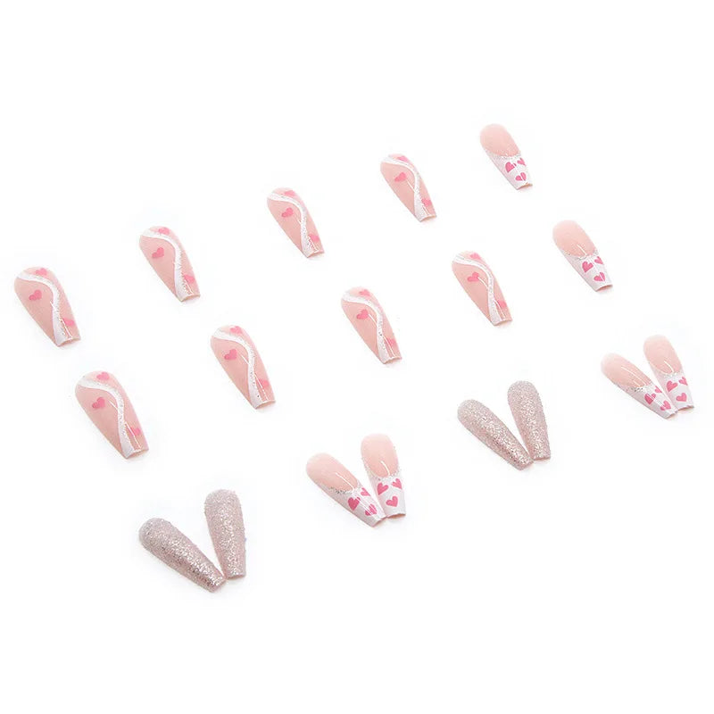 White Heart Pattern Acrylic Press On Nails – High Quality False Fingernails for Women