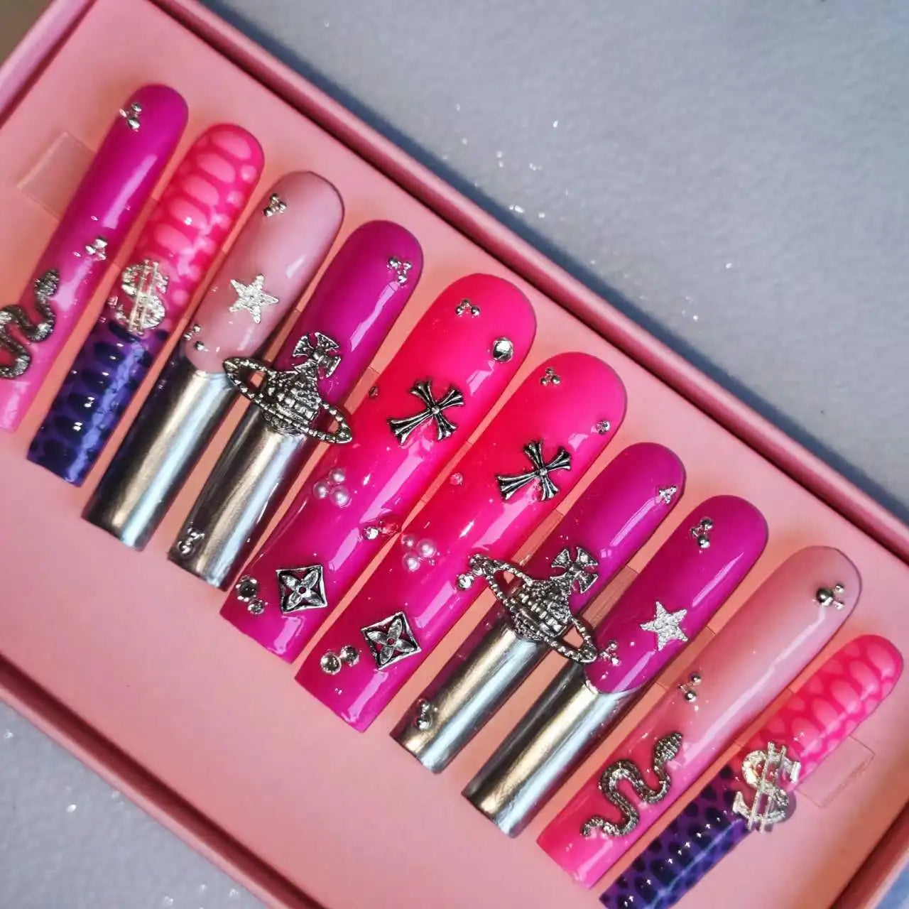 Thick Acrylic Press On Nails – Handmade 10 Pcs Hand-Painted False Nails
