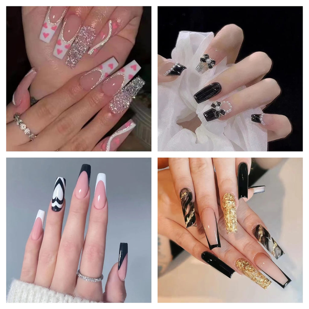 White Heart Pattern Acrylic Press On Nails – High Quality False Fingernails for Women