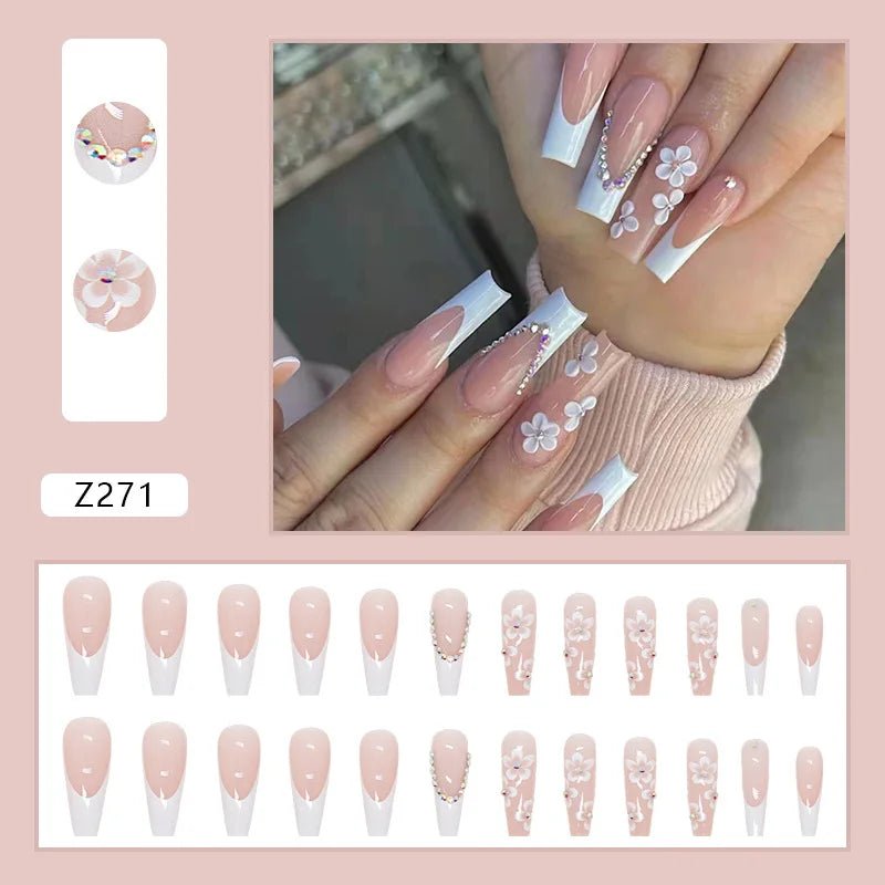 White Heart Pattern Acrylic Press On Nails – High Quality False Fingernails for Women