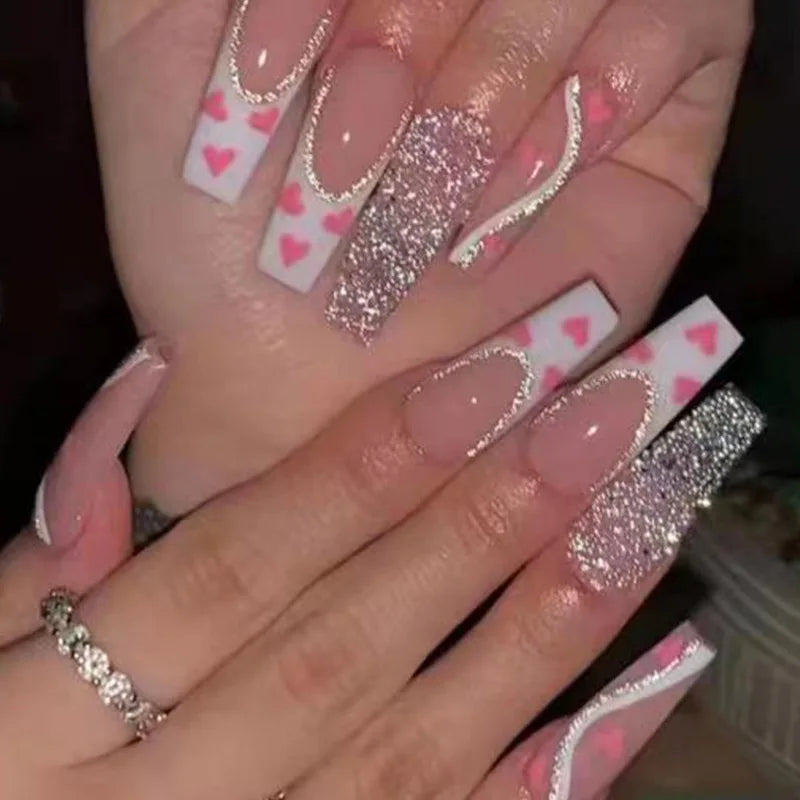 White Heart Pattern Acrylic Press On Nails – High Quality False Fingernails for Women