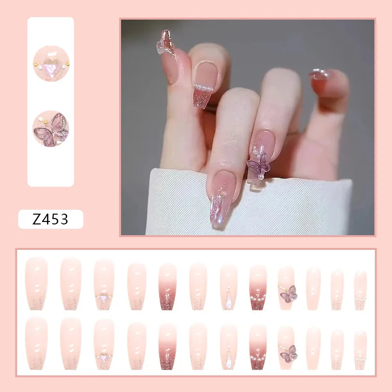 White Heart Pattern Acrylic Press On Nails – High Quality False Fingernails for Women
