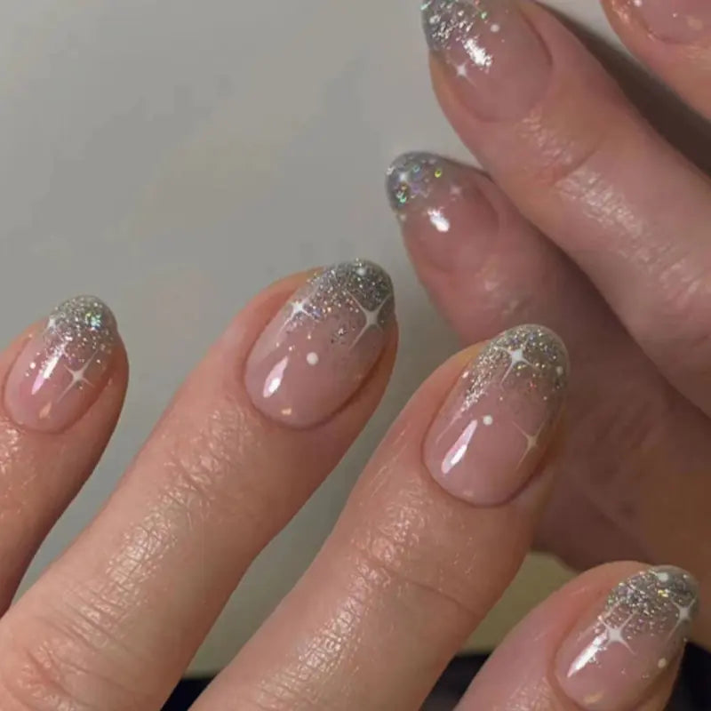 Silver Glitter French Press On Nails – With Glue
