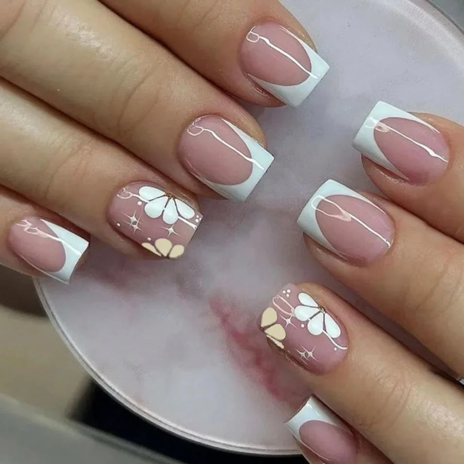24pcs French Tip Press On Nails – Handmade Solid Color Medium Square False Nails with Glue