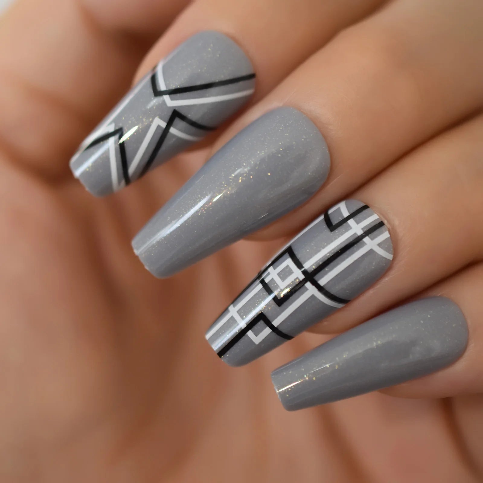 Modern Grey Geometric Coffin Press-On Nails