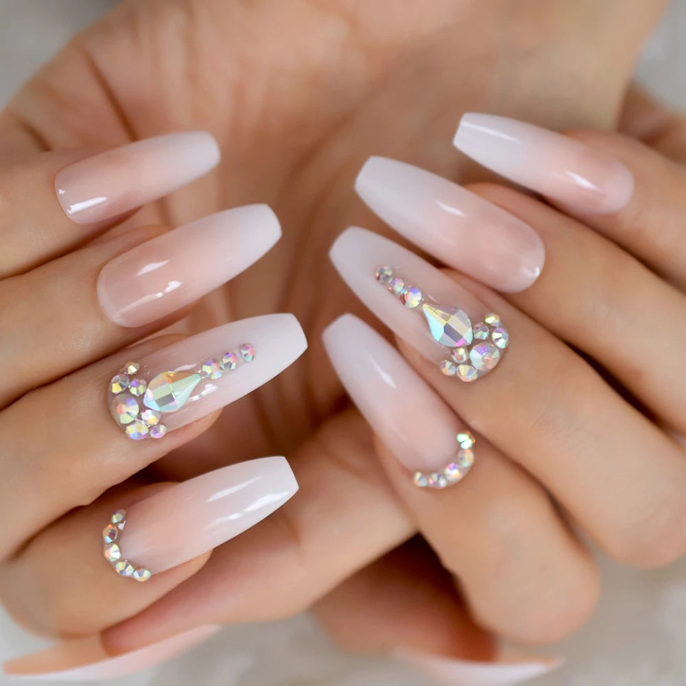 Trapezoid French Nail – Crystal Shine Ballerina Press On Nails