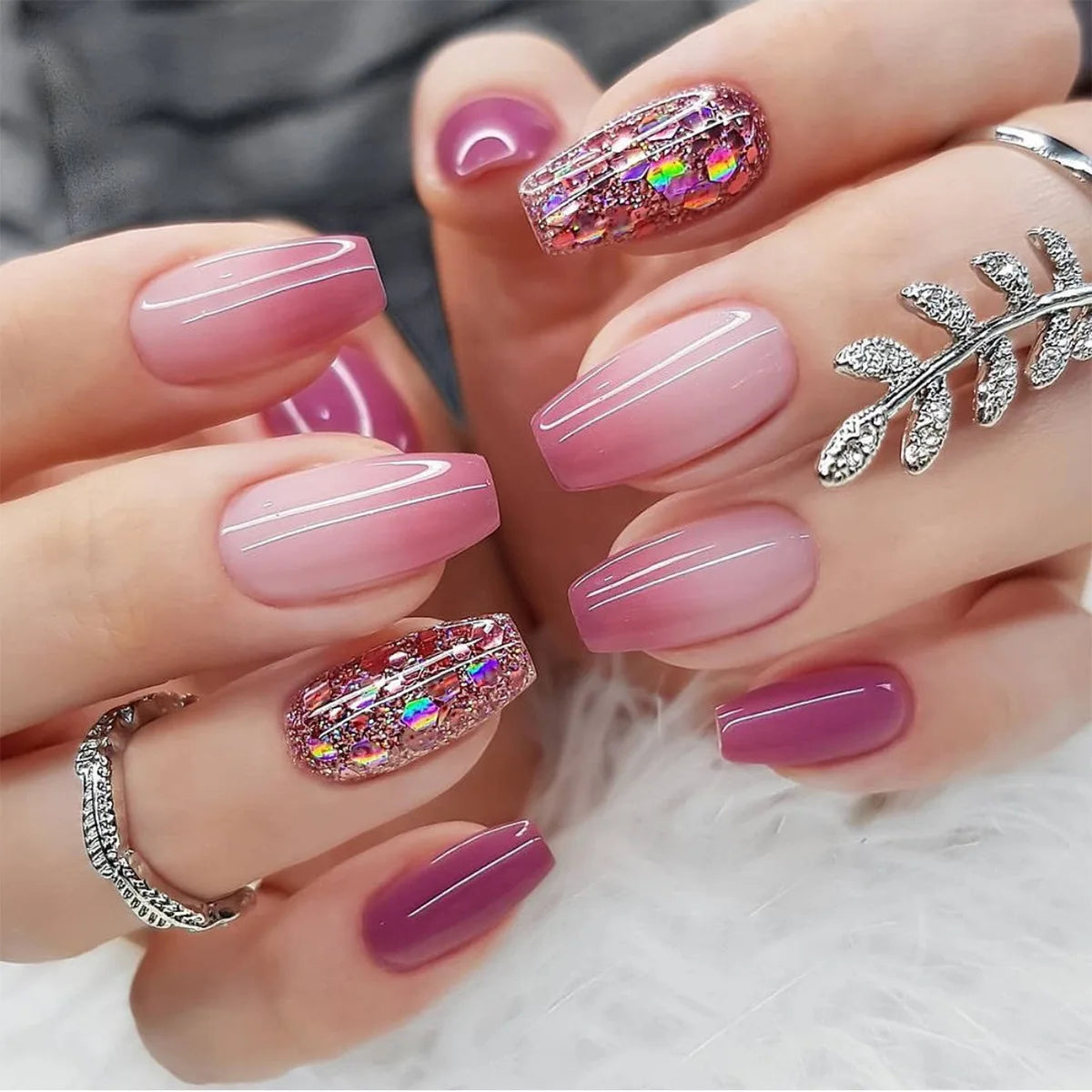 24pcs Pink Gradient Press On Nails – Glitter Butterfly with Rhinestones