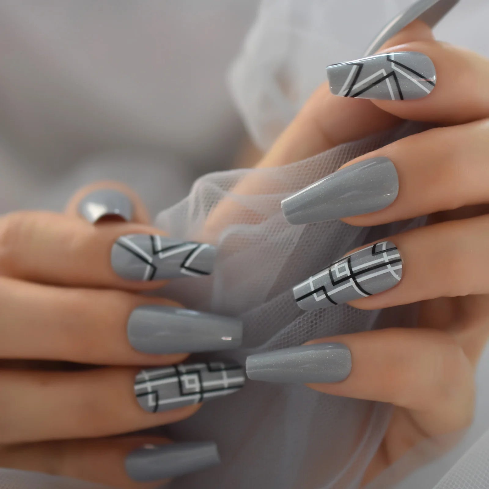 Modern Grey Geometric Coffin Press-On Nails