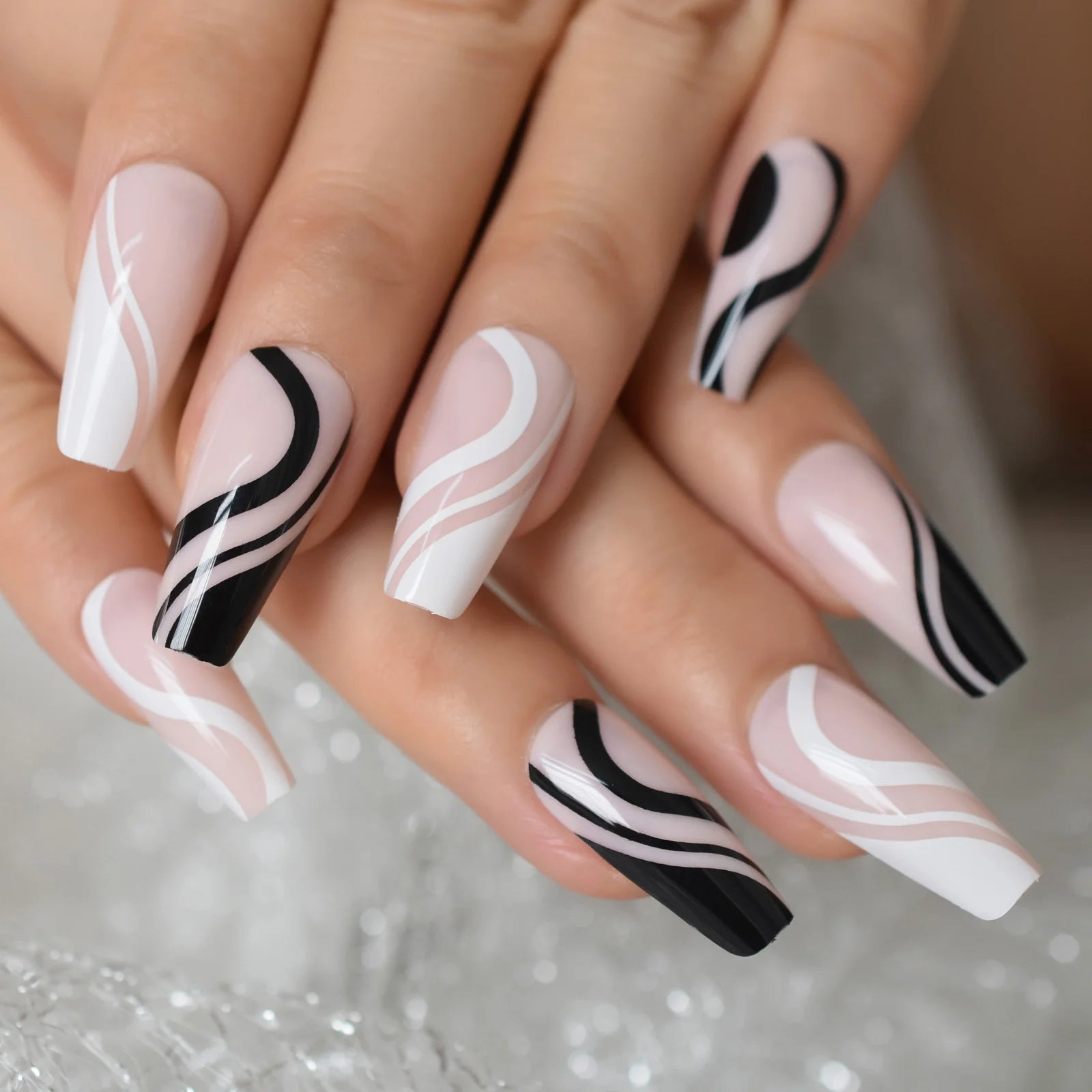 Modern Grey Geometric Coffin Press-On Nails