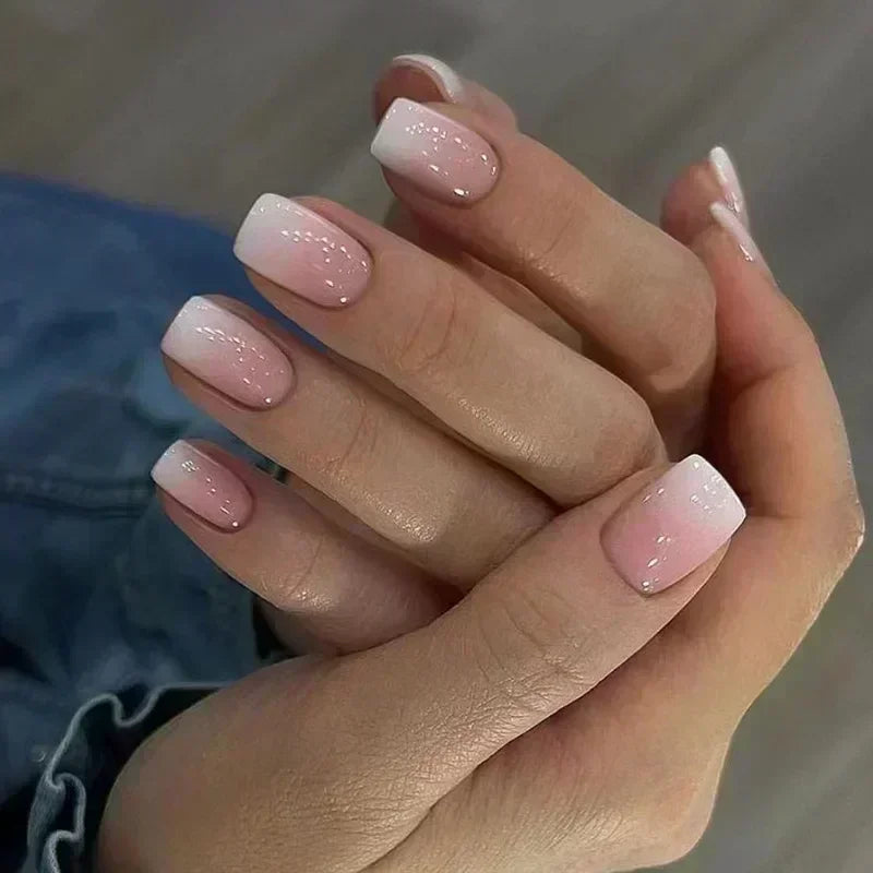 24pcs French Tip Press On Nails – Handmade Solid Color Medium Square False Nails with Glue