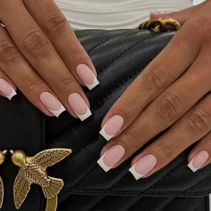 24pcs French Tip Press On Nails – Handmade Solid Color Medium Square False Nails with Glue