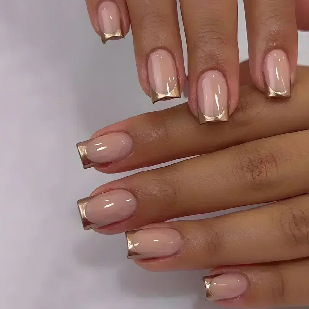 24pcs French Tip Press On Nails – Handmade Solid Color Medium Square False Nails with Glue
