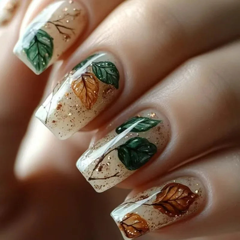 24pcs Long Ballet Press On Nails – Brown Flower Full Cover False Nails