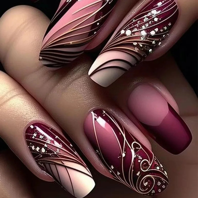 24pcs Long Ballet Press On Nails – Brown Flower Full Cover False Nails