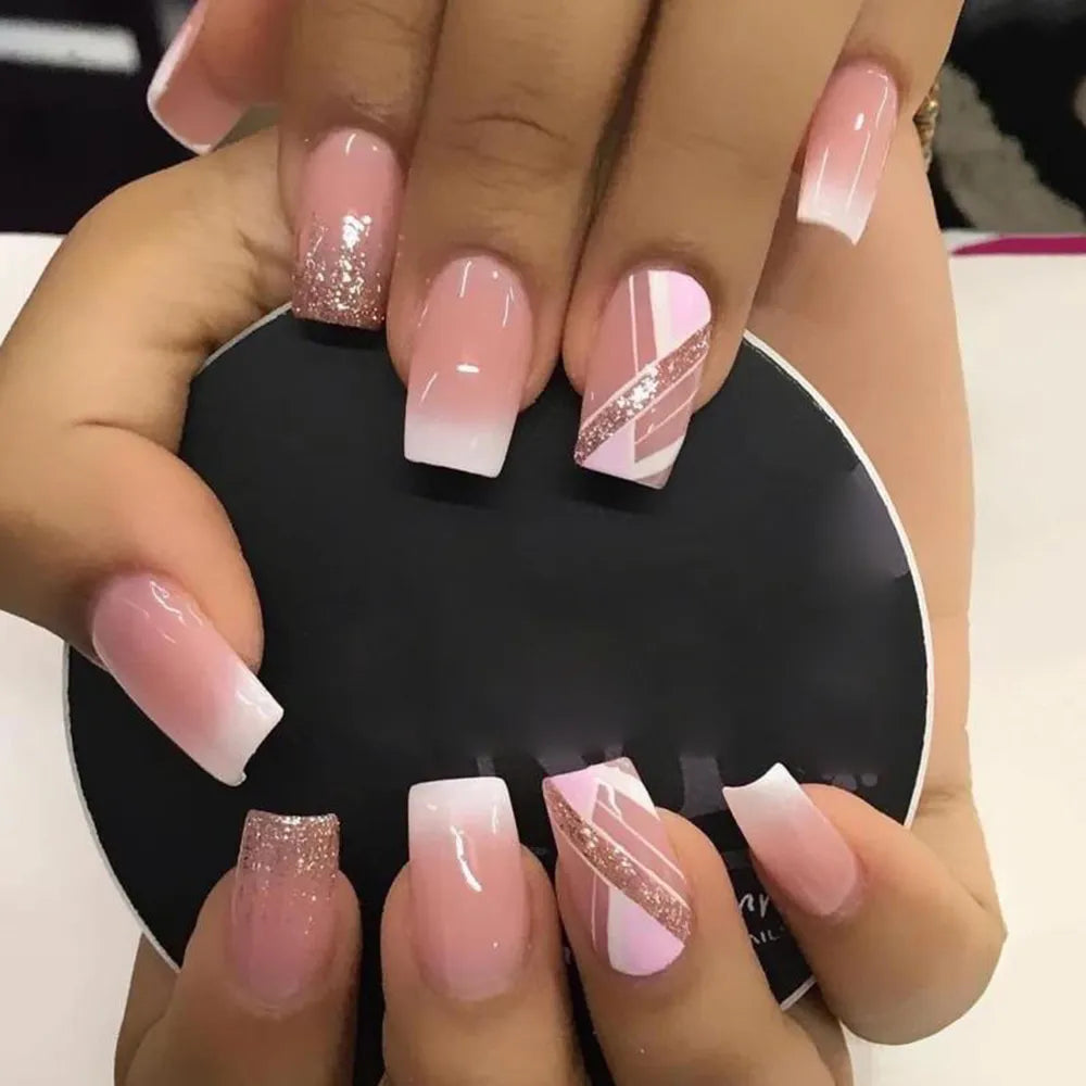 24pcs Coffin Press On Nails – Detachable French Ballerina False Nail Tips