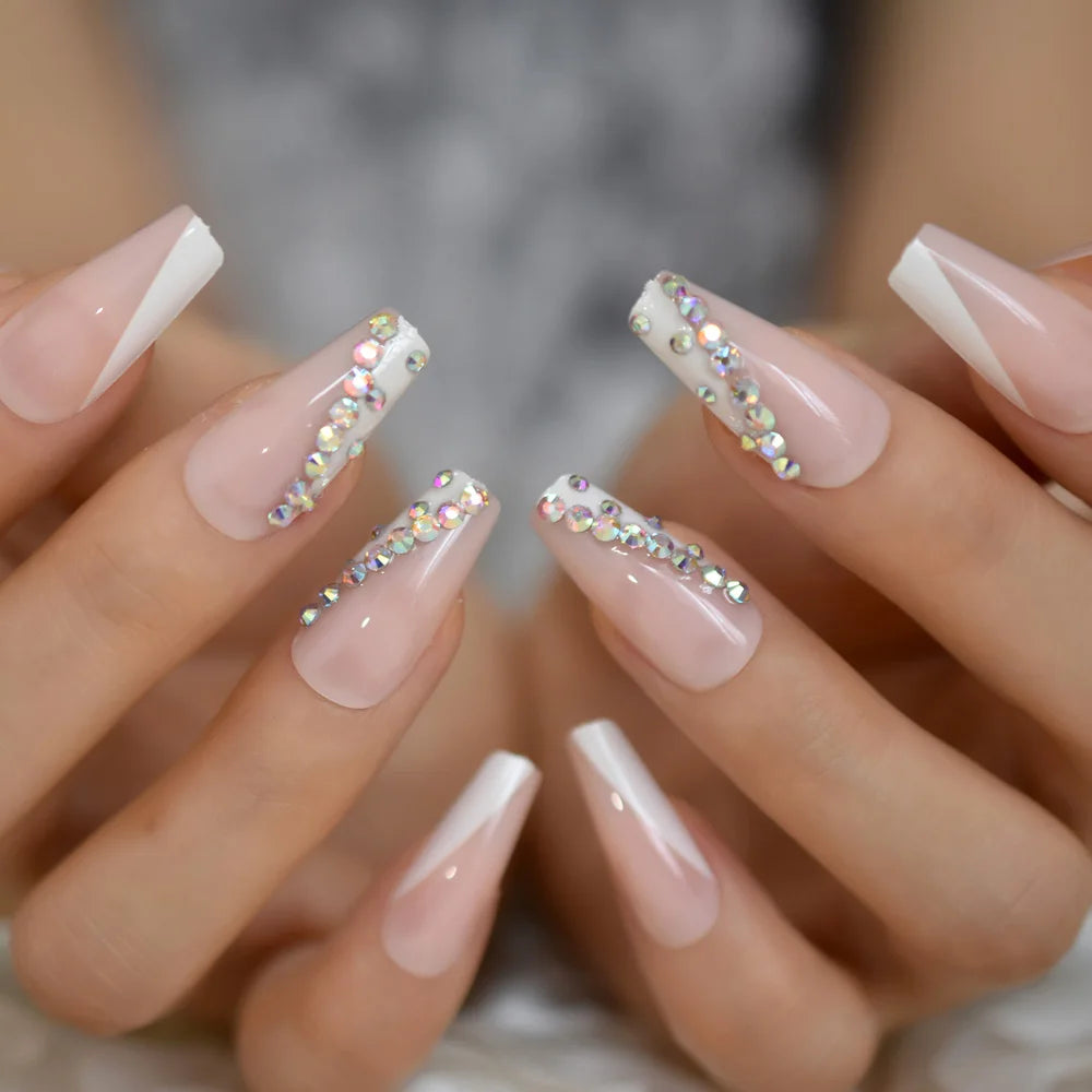 Trapezoid French Nail – Crystal Shine Ballerina Press On Nails