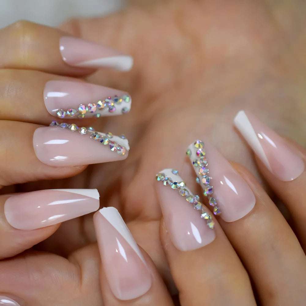 Trapezoid French Nail – Crystal Shine Ballerina Press On Nails