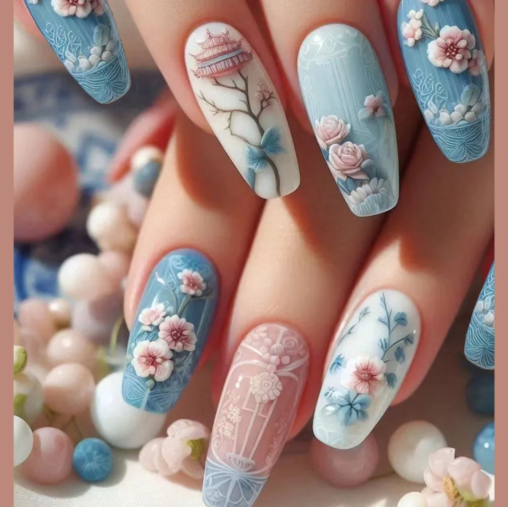 24pcs Long Ballet Press On Nails – Brown Flower Full Cover False Nails
