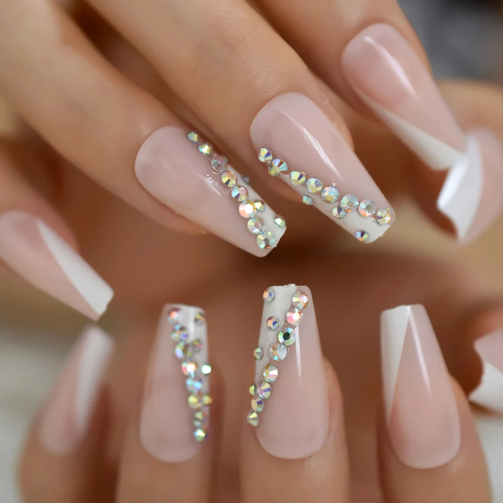 Trapezoid French Nail – Crystal Shine Ballerina Press On Nails