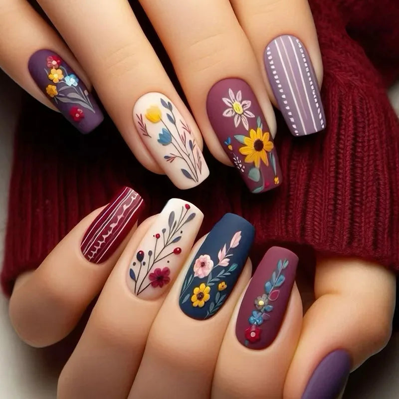 24pcs Long Ballet Press On Nails – Brown Flower Full Cover False Nails