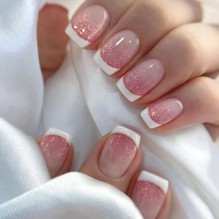 24pcs French Tip Press On Nails – Handmade Solid Color Medium Square False Nails with Glue
