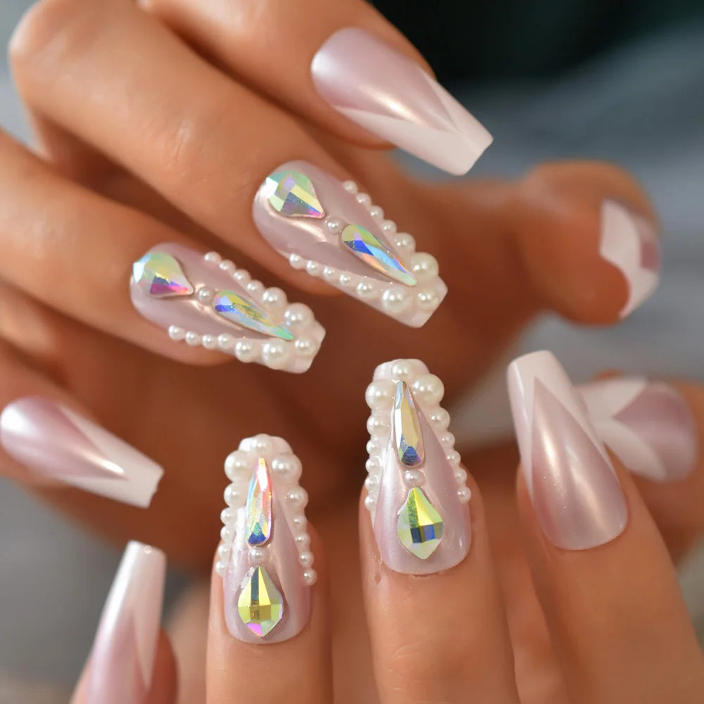 Trapezoid French Nail – Crystal Shine Ballerina Press On Nails