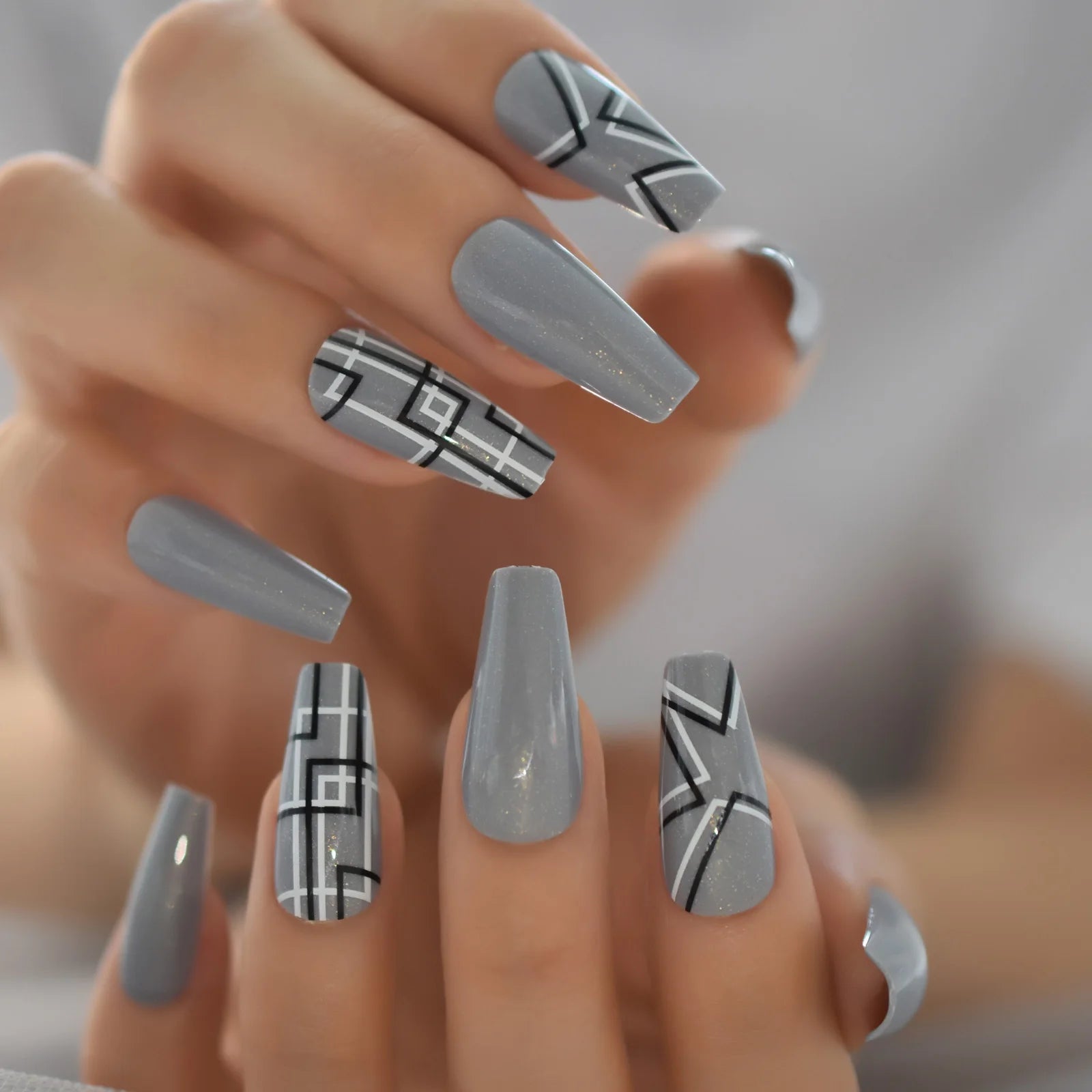 Modern Grey Geometric Coffin Press-On Nails