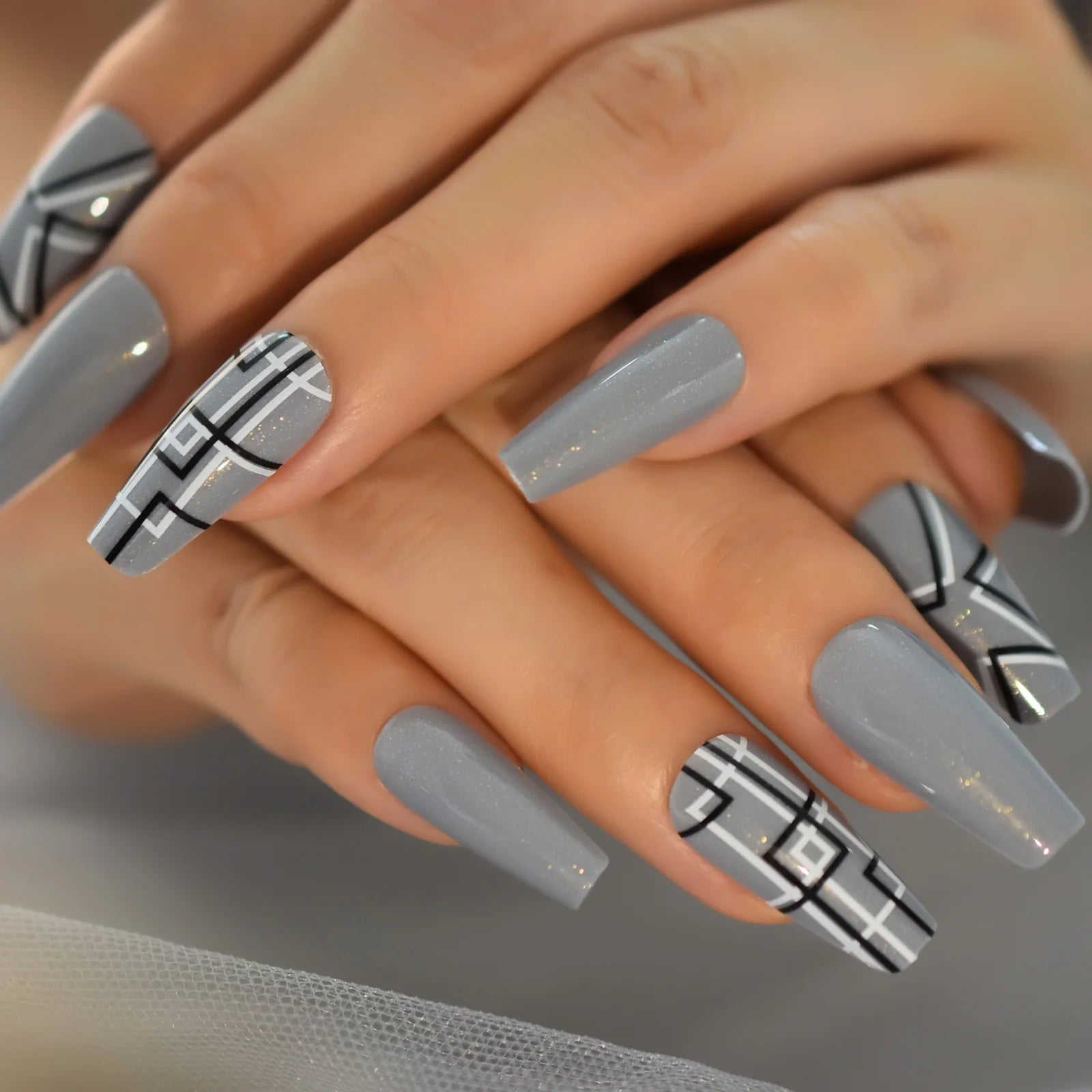 Modern Grey Geometric Coffin Press-On Nails