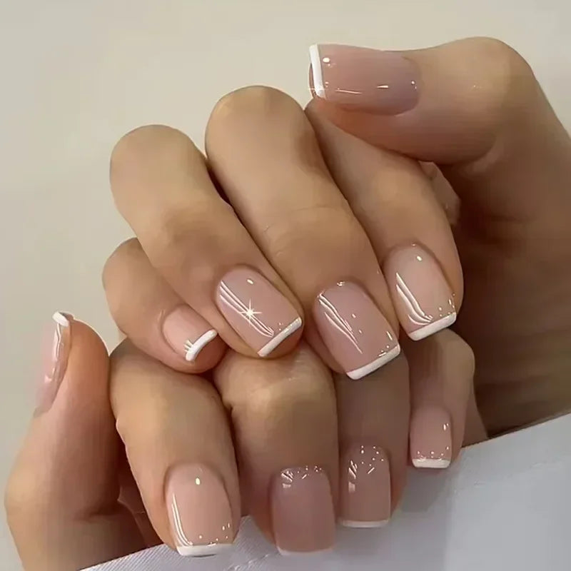 24pcs French Tip Press On Nails – Handmade Solid Color Medium Square False Nails with Glue