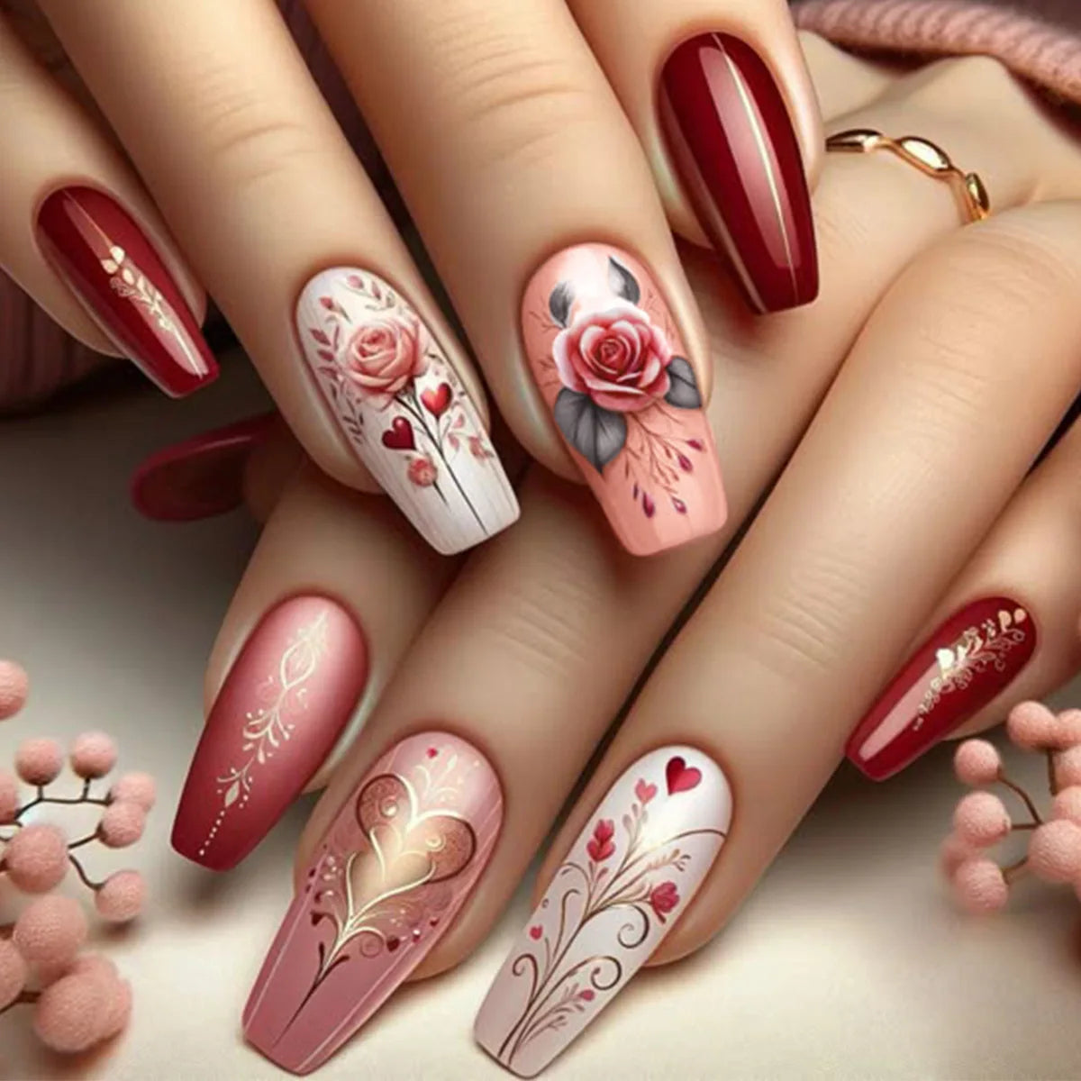 24pcs Long Ballet Press On Nails – Brown Flower Full Cover False Nails
