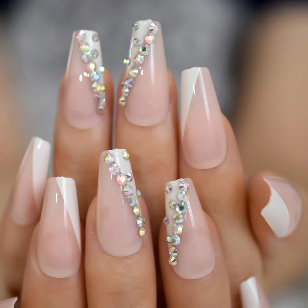 Trapezoid French Nail – Crystal Shine Ballerina Press On Nails